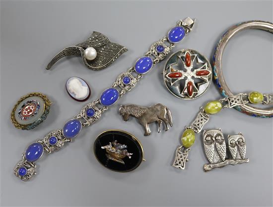 A Chinese white metal and enamel bangle by Wang Hing, a Scottish hardstone brooch, micro mosaic brooch (a.f.) etc.